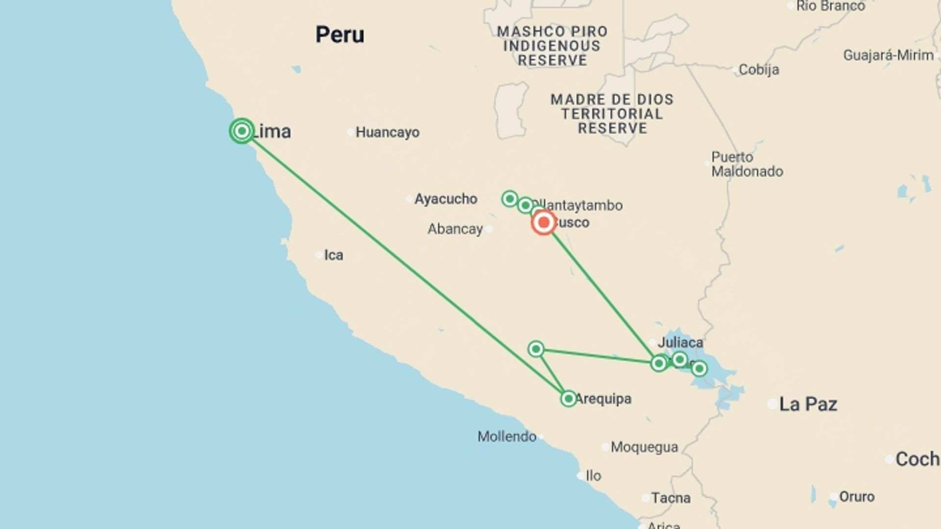 A map showing the tour itinerary for the trip: Living Peru, starting in Lima, Peru and ending in Cusco, Peru going through 3 other destinations.