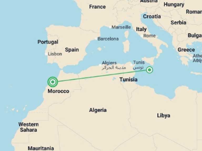 Map itinerary of Africa Tour in December 2026 with 2 destination visits for the trip: Casablanca & Rabat - 4 days