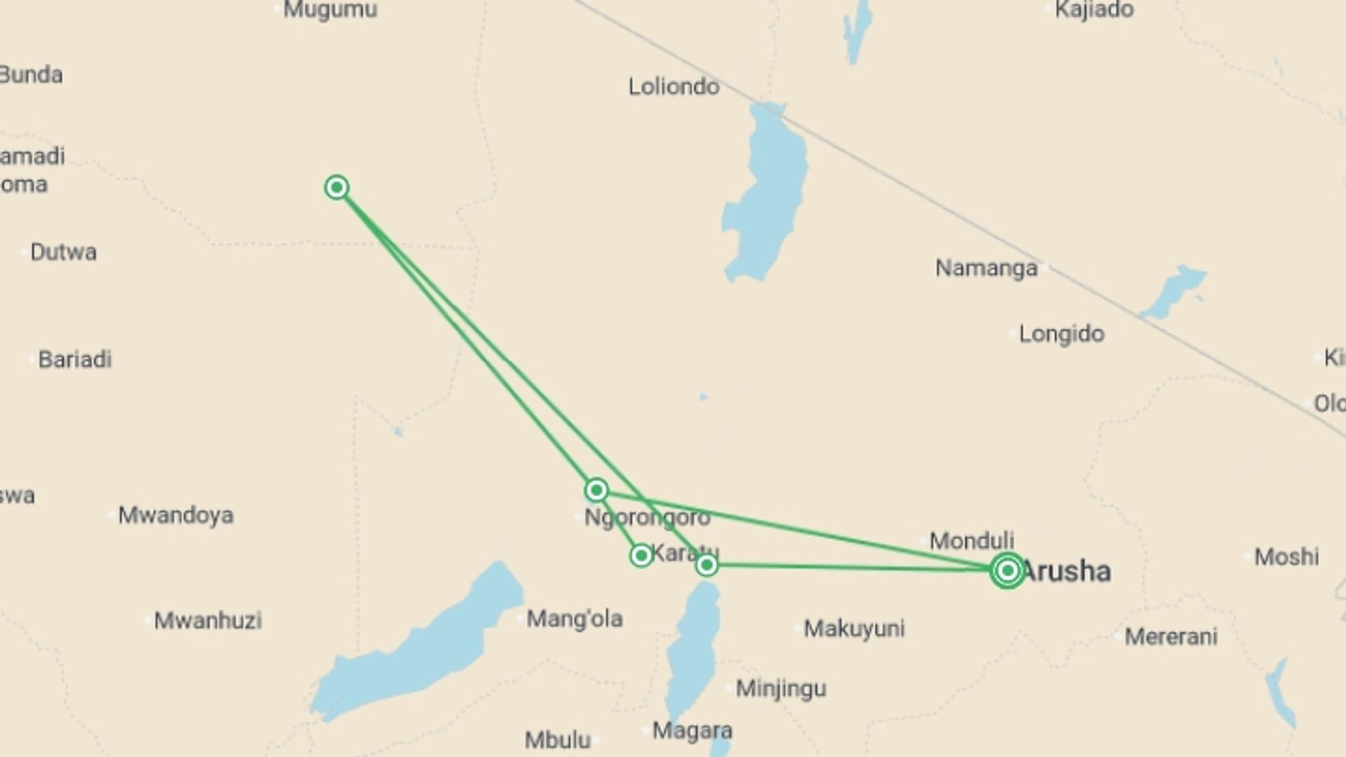A map showing the tour itinerary for the trip: Tanzania Family Journey: A Serengeti Safari, starting in Arusha, Tanzania and ending in Arusha, Tanzania going through 4 other destinations.