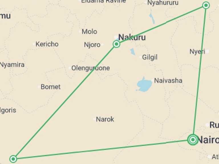 Map of Kenya Tour with 4 destination visits for the trip: Poa Sana Safari 5D/4N (Masai Mara, Sweetwaters & Lake Nakuru)