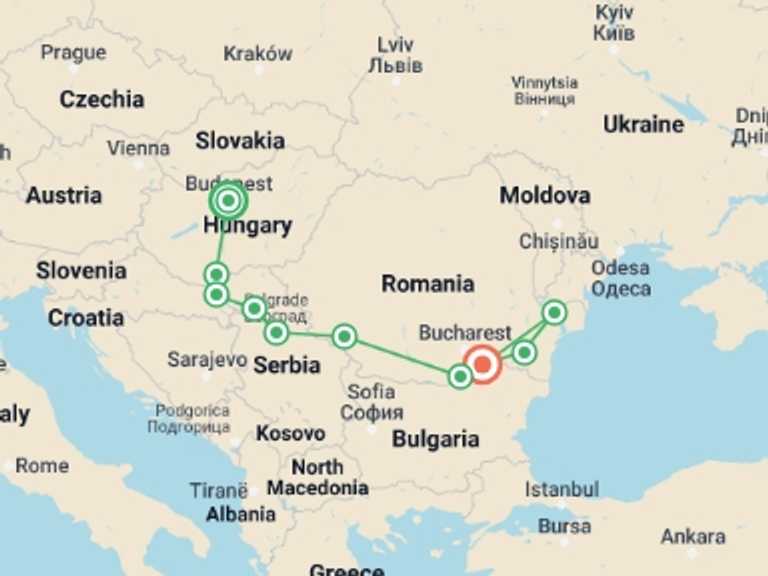 Map of Europe Tour with 9 destination visits for the trip: Along the river Danube, Budapestand  the Balkan peninsula (port-to-port cruise)
