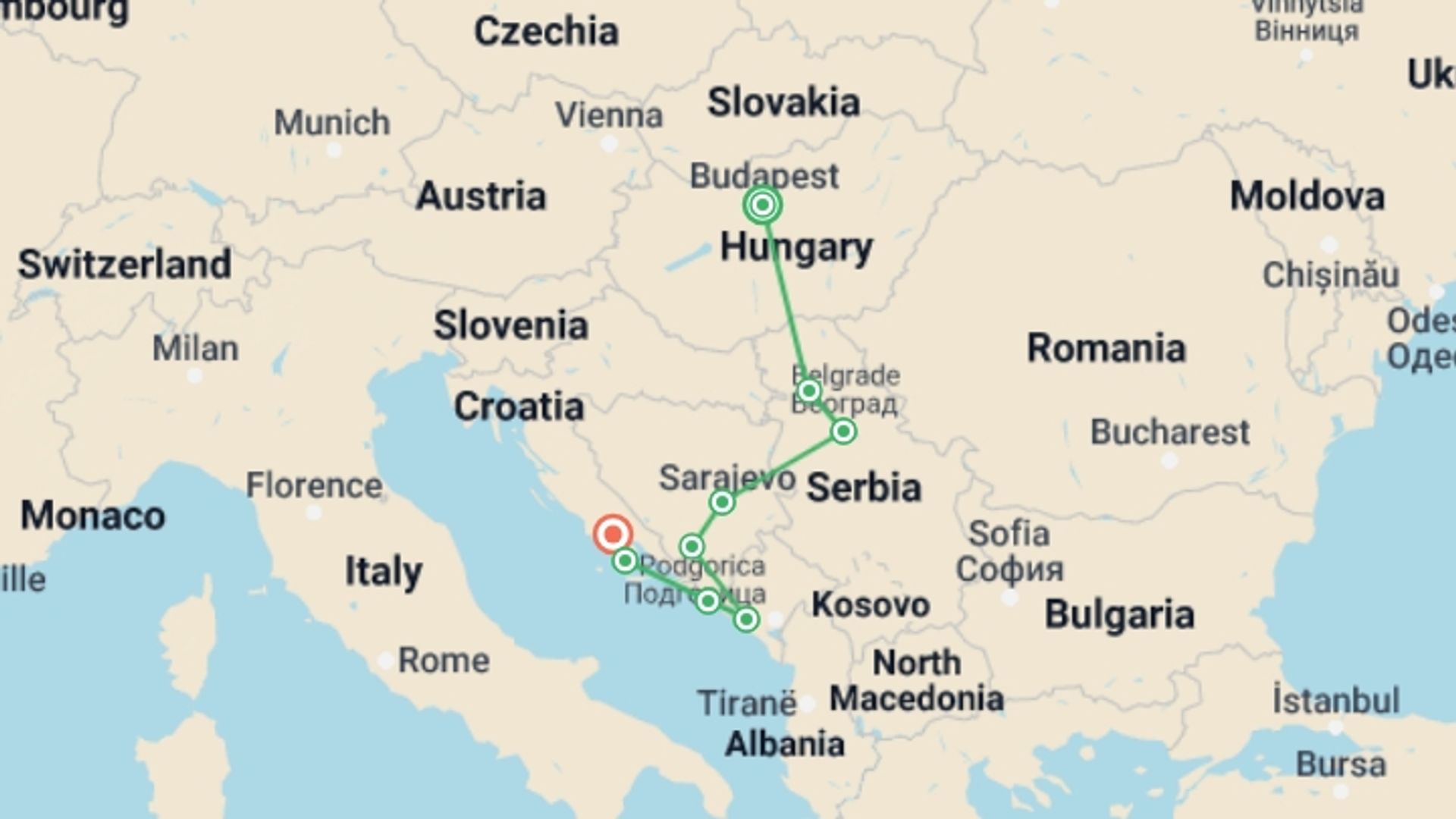 A map showing the tour itinerary for the trip: Croatia and the Balkans, starting in Budapest, Hungary and ending in Split, Croatia going through 7 other destinations.