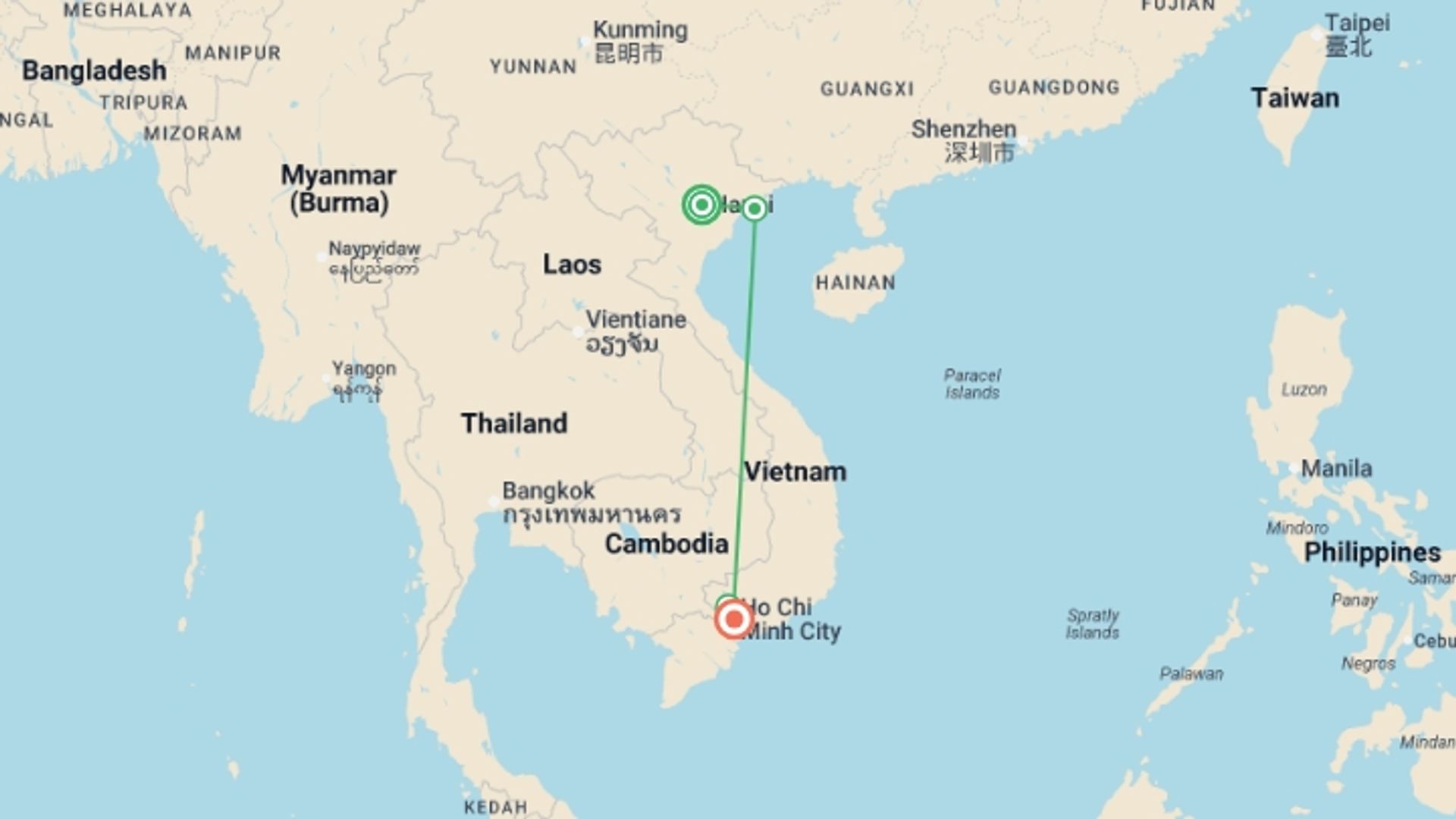 A map showing the tour itinerary for the trip: Vietnam Coast to Delta – 8 days, starting in Hanoi, Vietnam and ending in Ho Chi Minh City, Vietnam going through 3 other destinations.