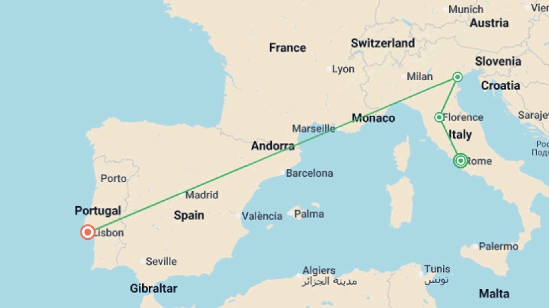 A map showing the tour itinerary for the trip: Jewels of Italy and Lisbon, starting in Rome, Italy and ending in Lisbon, Portugal going through 2 other destinations.