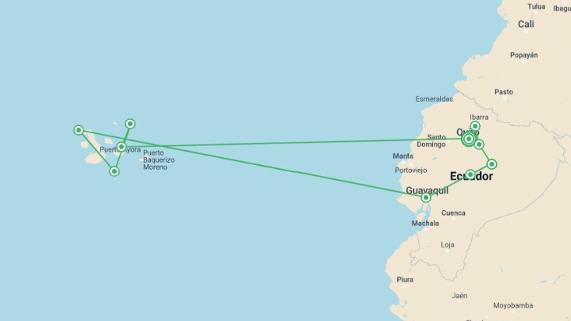 A map showing the tour itinerary for the trip: Best of Ecuador and Galapagos Cruise, starting in Quito, Ecuador and ending in Quito, Ecuador going through 9 other destinations.