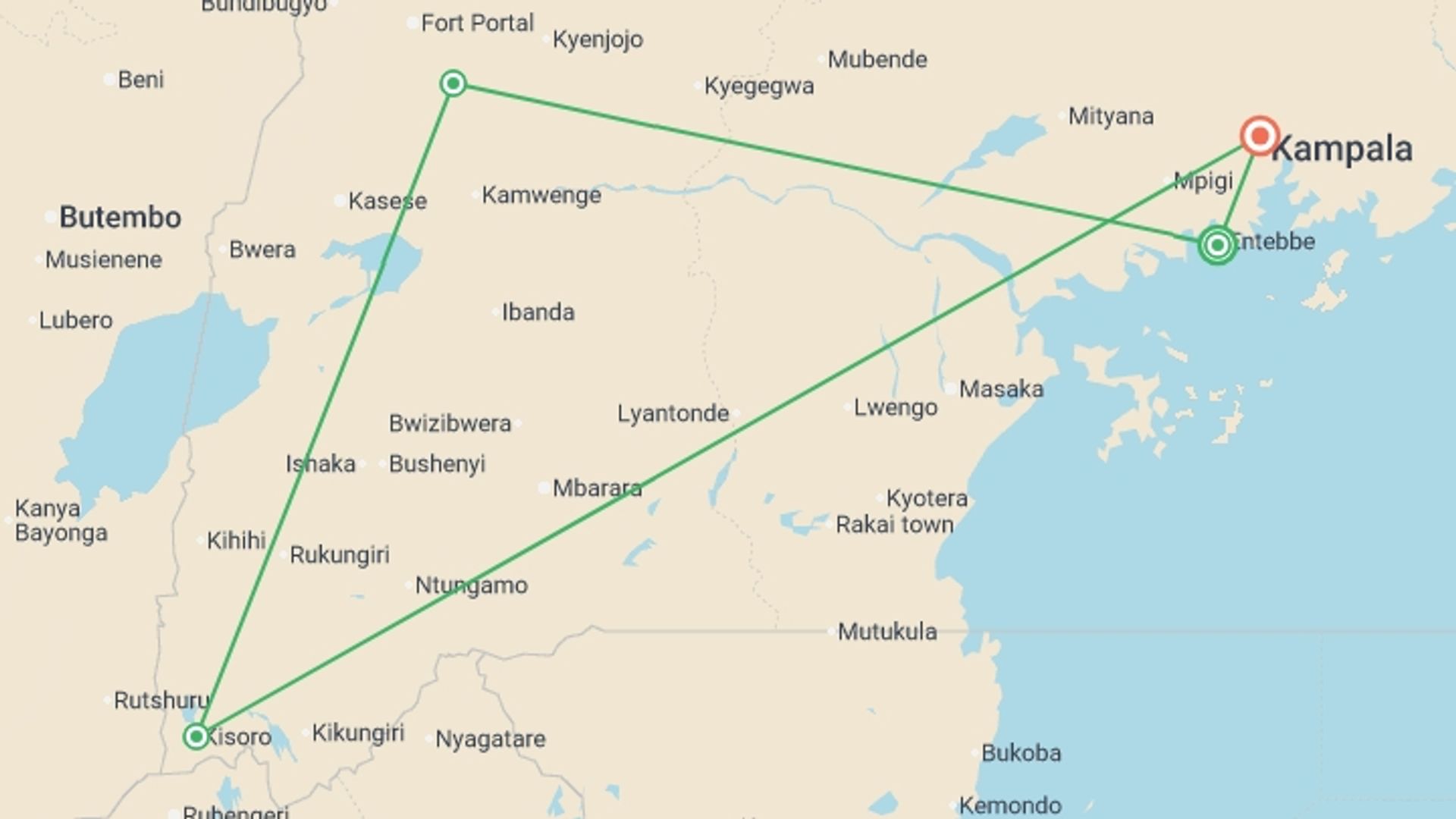 A map showing the tour itinerary for the trip: Gorillas & Chimps Safari 7D/6N, starting in Entebbe, Uganda and ending in Kampala, Uganda going through 2 other destinations.