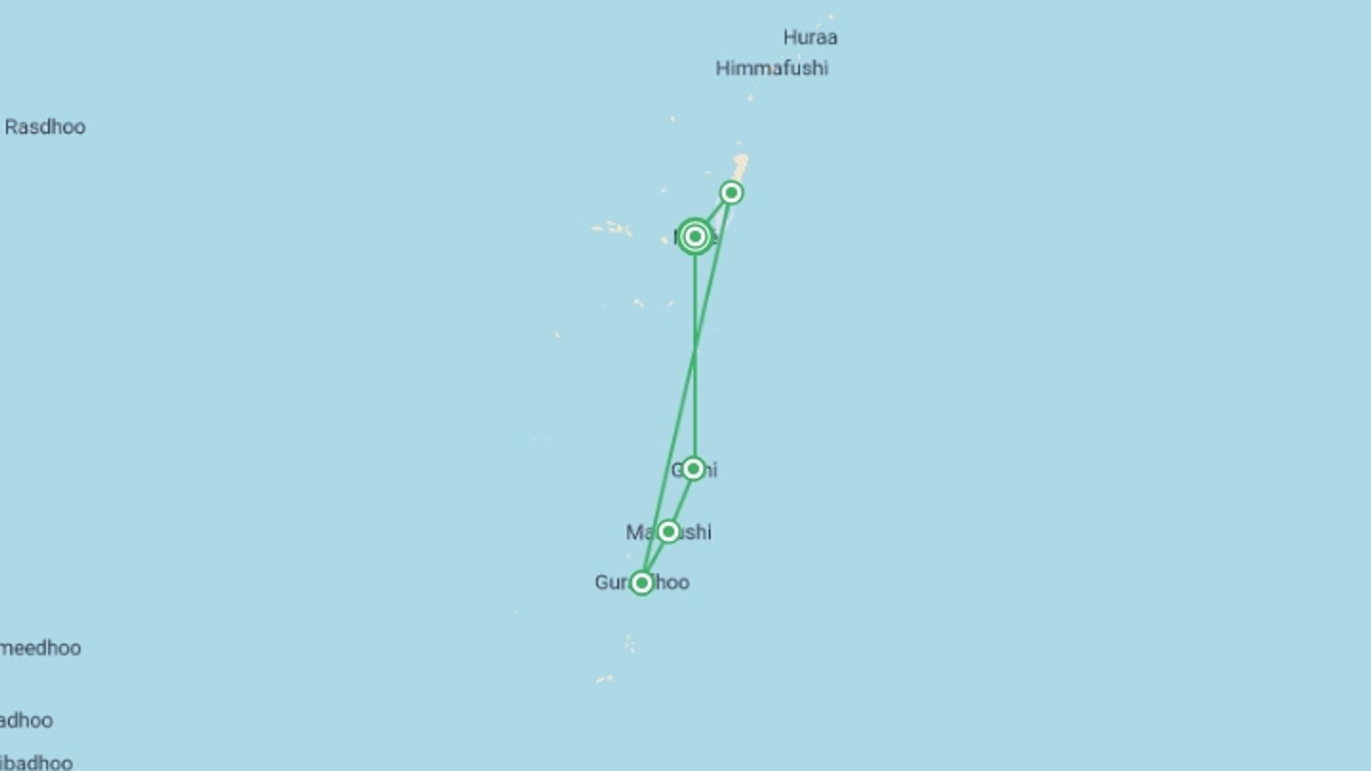 A map showing the tour itinerary for the trip: South Maldives Island Hopping - 8 days, starting in Male, Maldives and ending in Male, Maldives going through 4 other destinations.