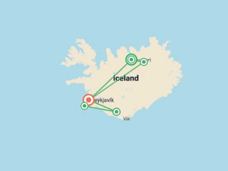 Map itinerary of Europe Tour in January 2027 with 5 destination visits for the trip: Iceland: See & Experience it all in 9 days, Luxury Tour