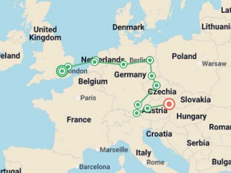 Map itinerary of London Tour in Winter with 8 destination visits for the trip: From London to Vienna