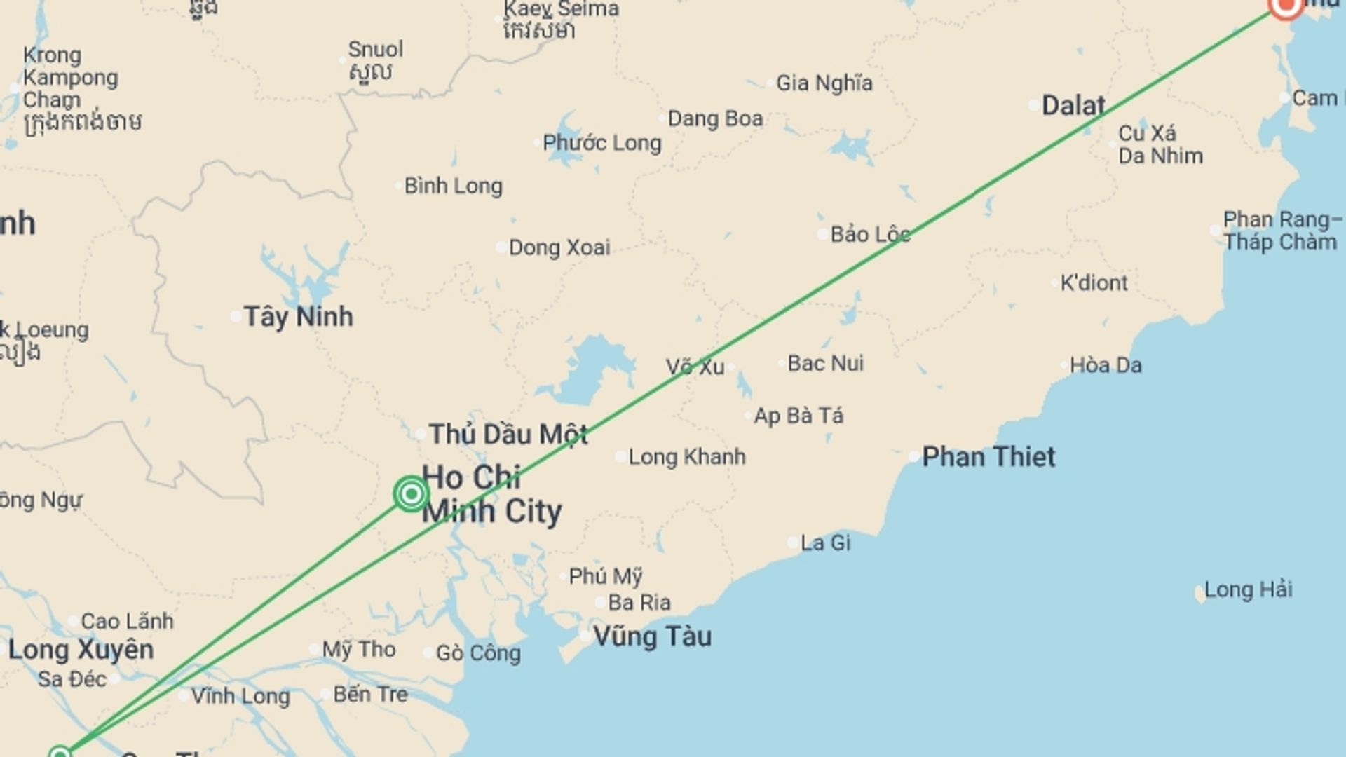 A map showing the tour itinerary for the trip: Saigon, Mekong & Nha Trang (Deluxe) - 8 days, starting in Ho Chi Minh City, Vietnam and ending in Nha Trang, Vietnam going through 1 other destinations.