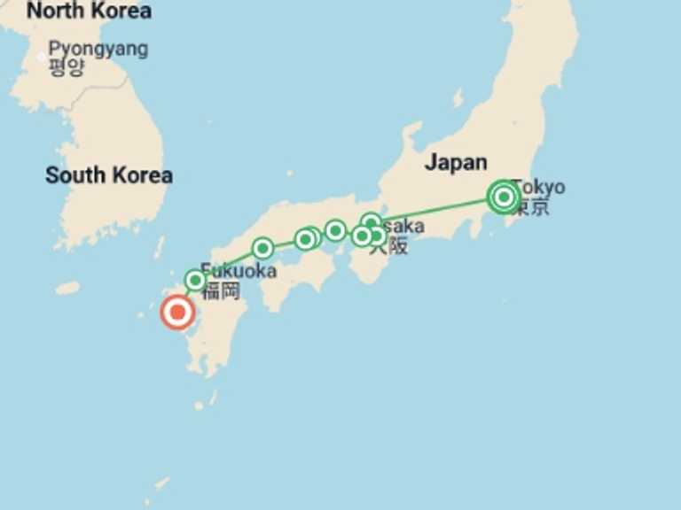 Map of Asia Tour with 7 destination visits for the trip: Essential Japan with Hiroshima and Nagasaki