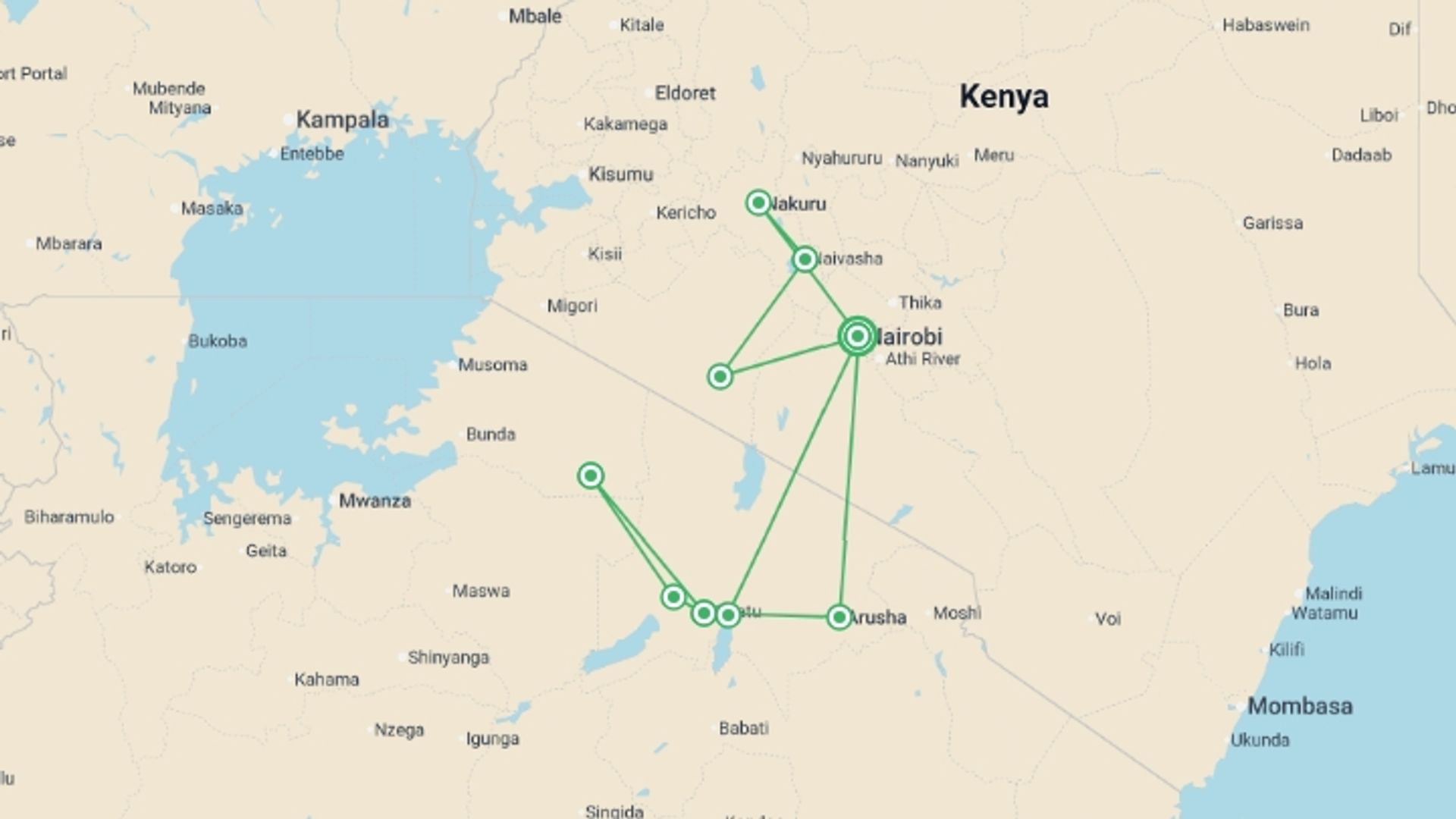 A map showing the tour itinerary for the trip: Kenya and Tanzania Family Safari, starting in Nairobi, Kenya and ending in Nairobi, Kenya going through 8 other destinations.
