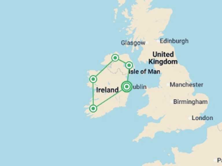 Map itinerary of Europe Tour in August 2026 with 5 destination visits for the trip: Incredible Ireland