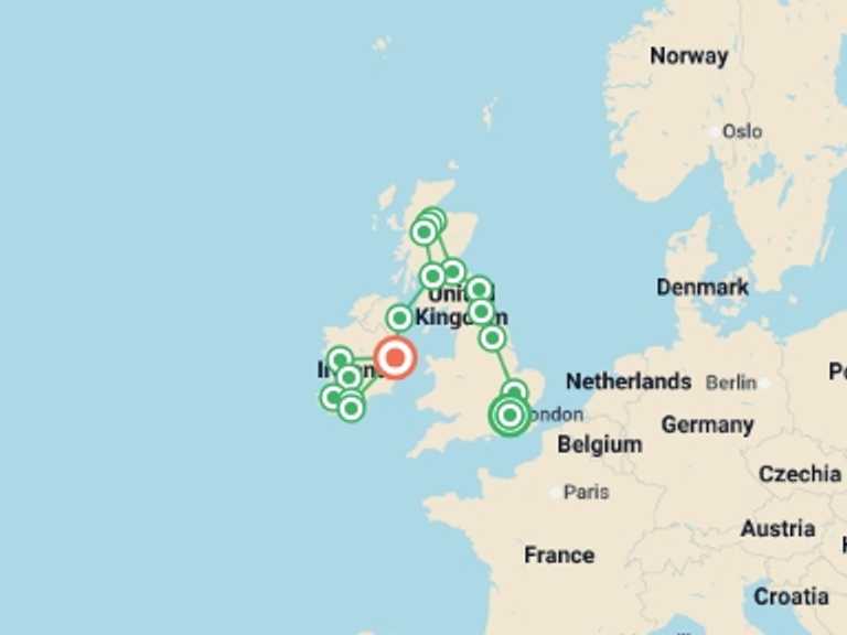 Map of Glasgow Cultural, religious and historic sites Tour with 8 destination visits for the trip: England, Scotland and Ireland end Dublin