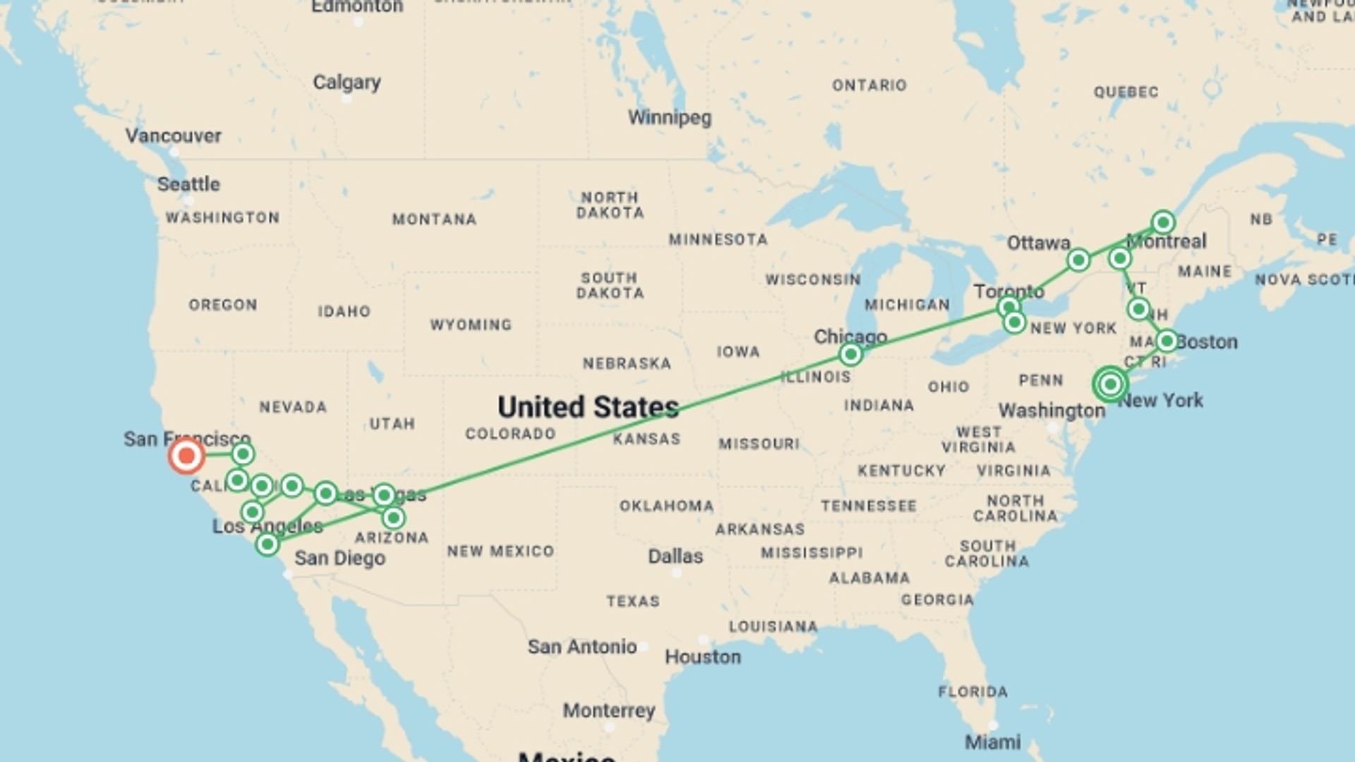 A map showing the tour itinerary for the trip: Essential East Coast and Unmissable West, starting in New York, USA and ending in San Francisco, USA going through 13 other destinations.
