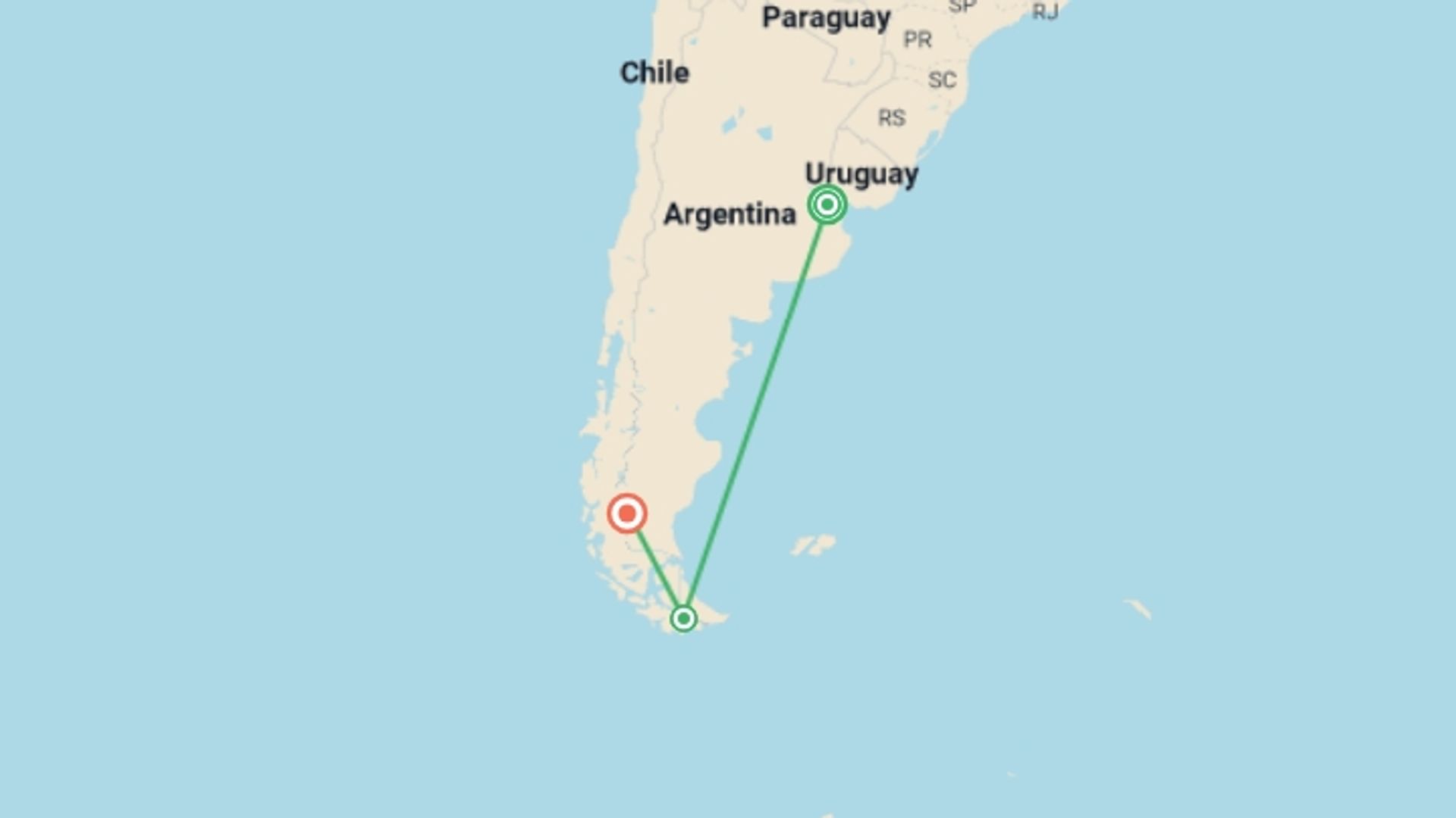 A map showing the tour itinerary for the trip: Buenos Aires, Ushuaia and El Calafate, starting in Buenos Aires, Argentina and ending in El Calafate, Argentina going through 2 other destinations.