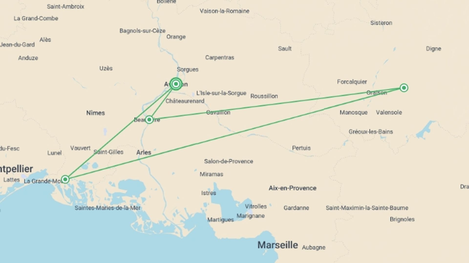 A map showing the tour itinerary for the trip: Santons and Christmas traditions along the canals of Provence In the footsteps of fortresses and authentic villages, starting in Avignon, France and ending in Avignon, France going through 3 other destinations.