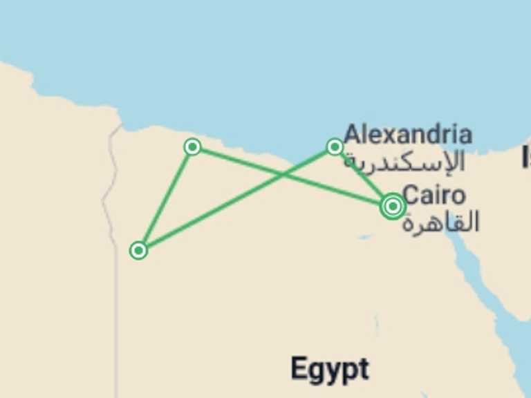 Map itinerary of Mediterranean Tour in July 2026 with 4 destination visits for the trip: Siwa & Alexandria Discovery - 6 days