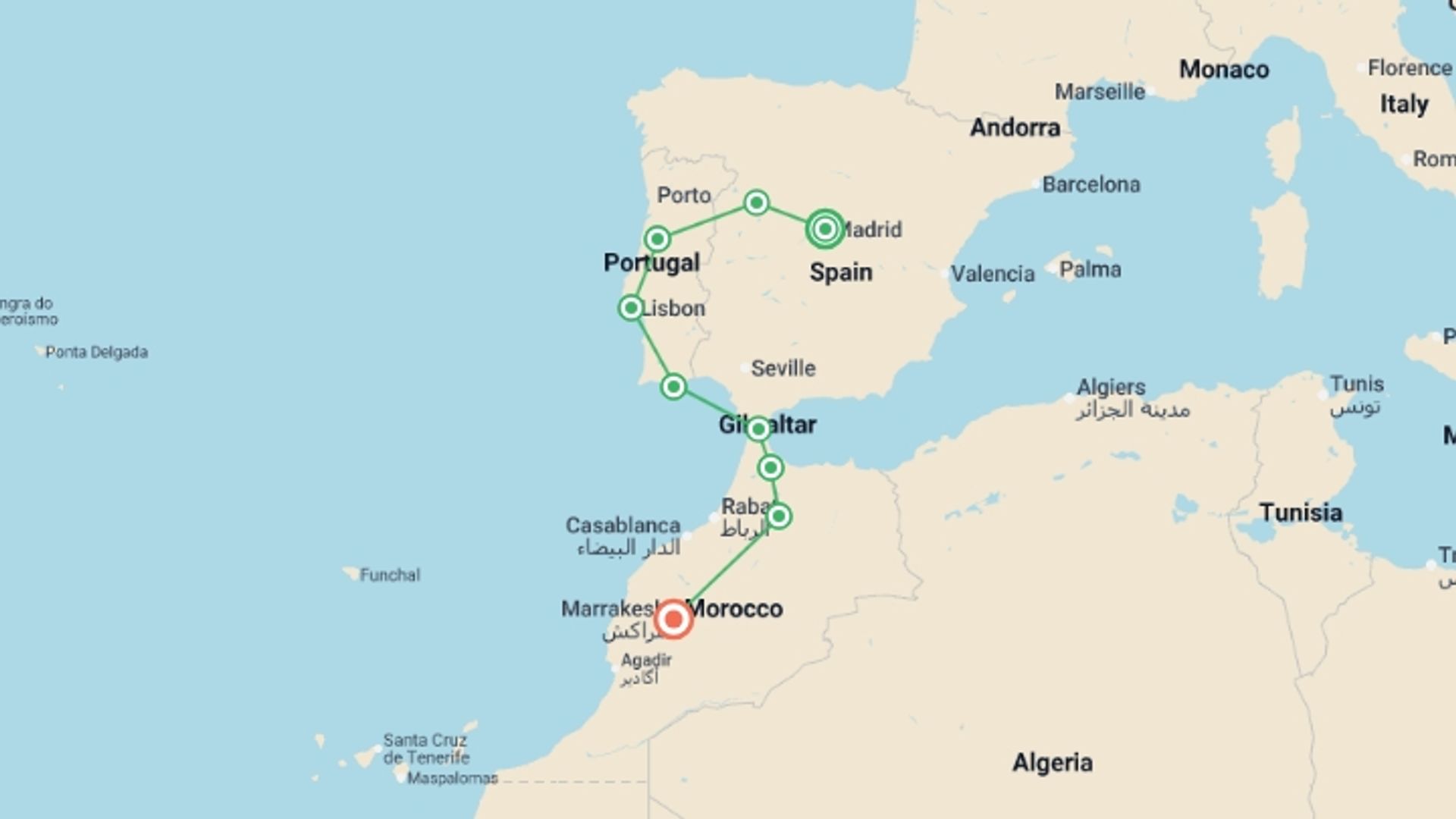 A map showing the tour itinerary for the trip: Madrid to Marrakech, starting in Madrid, Spain and ending in Marrakech, Morocco going through 7 other destinations.