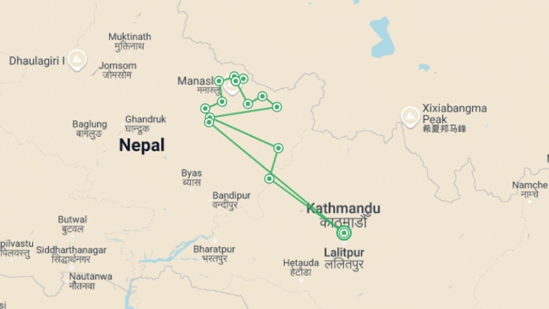 A map showing the tour itinerary for the trip: Manaslu Circuit Trek, starting in Kathmandu, Nepal and ending in Kathmandu, Nepal going through 14 other destinations.