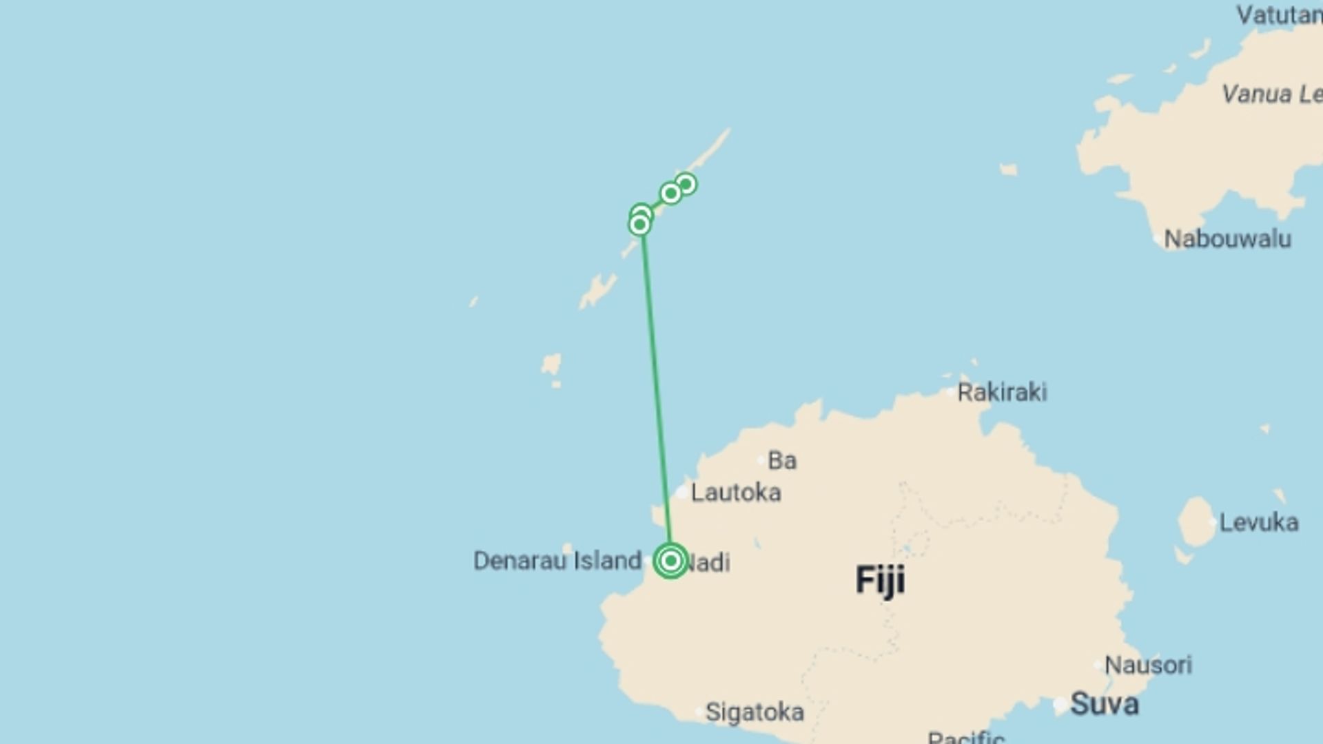 A map showing the tour itinerary for the trip: Yasawa Islands Sea Kayaking - Fiji, starting in Nadi, Fiji and ending in Nadi, Fiji going through 3 other destinations.