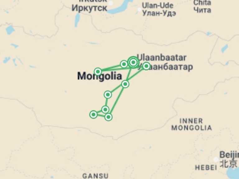 Map of Mongolia Tour with 9 destination visits for the trip: Mongolia Encompassed: Naadam Festival