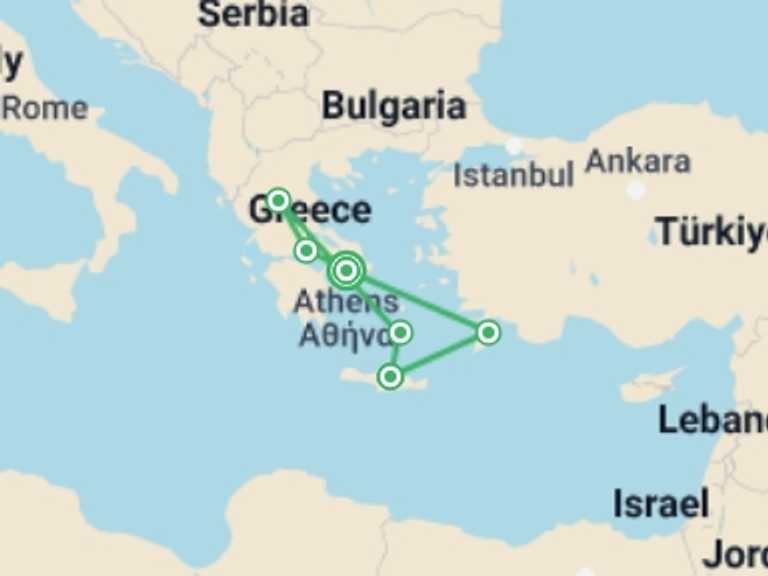 Map of a Adventure Tour with 6 destination visits for the trip: Rhodes, Crete, and Continental Greece