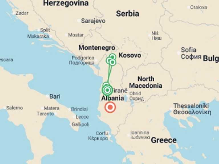 Map itinerary of Europe Tour in Fall with 6 destination visits for the trip: Walking in Albania