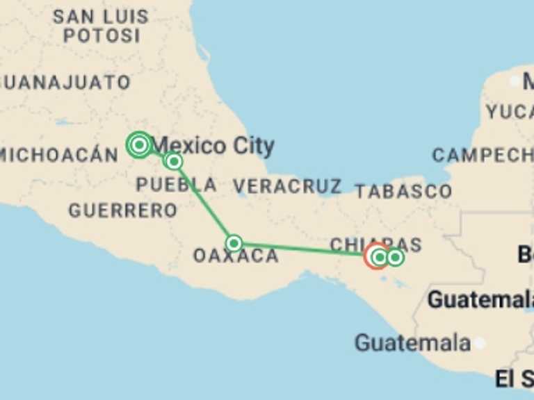 Map of 9-Day Mexico City Tour with 5 destination visits for the trip: Flavors and Cultures