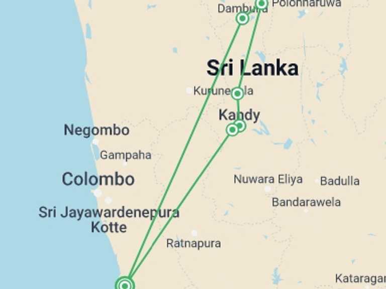 Map of Sri Lanka Tour with 3 destination visits for the trip: Kandy, Sigiriya & Dambulla 4 Days, Private Tour