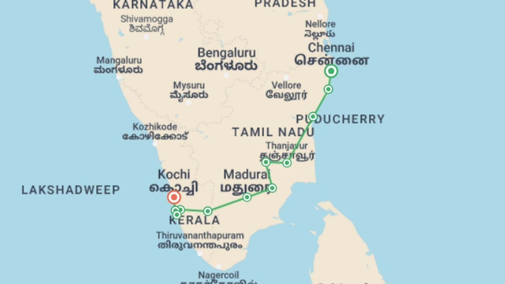 A map showing the tour itinerary for the trip: ENCHANTING TRIP OF TAMIL NADU & KERALA, starting in Chennai, India and ending in Kochi, India going through 11 other destinations.