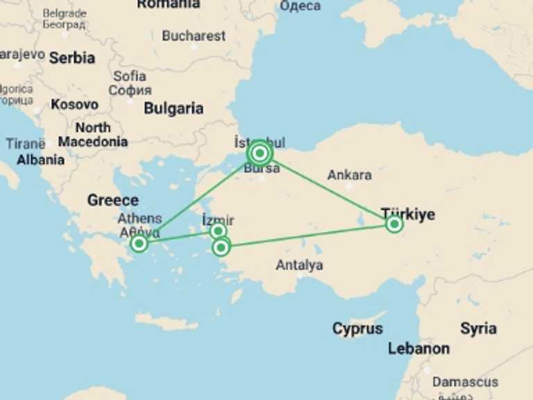 Map of Europe Tour with 4 destination visits for the trip: Flavours Of Turkey And Greece -ii-
