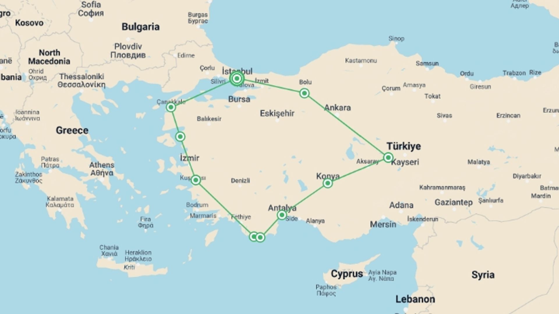 A map showing the tour itinerary for the trip: Absolute Turkey, starting in Istanbul, Turkey and ending in Istanbul, Turkey going through 9 other destinations.