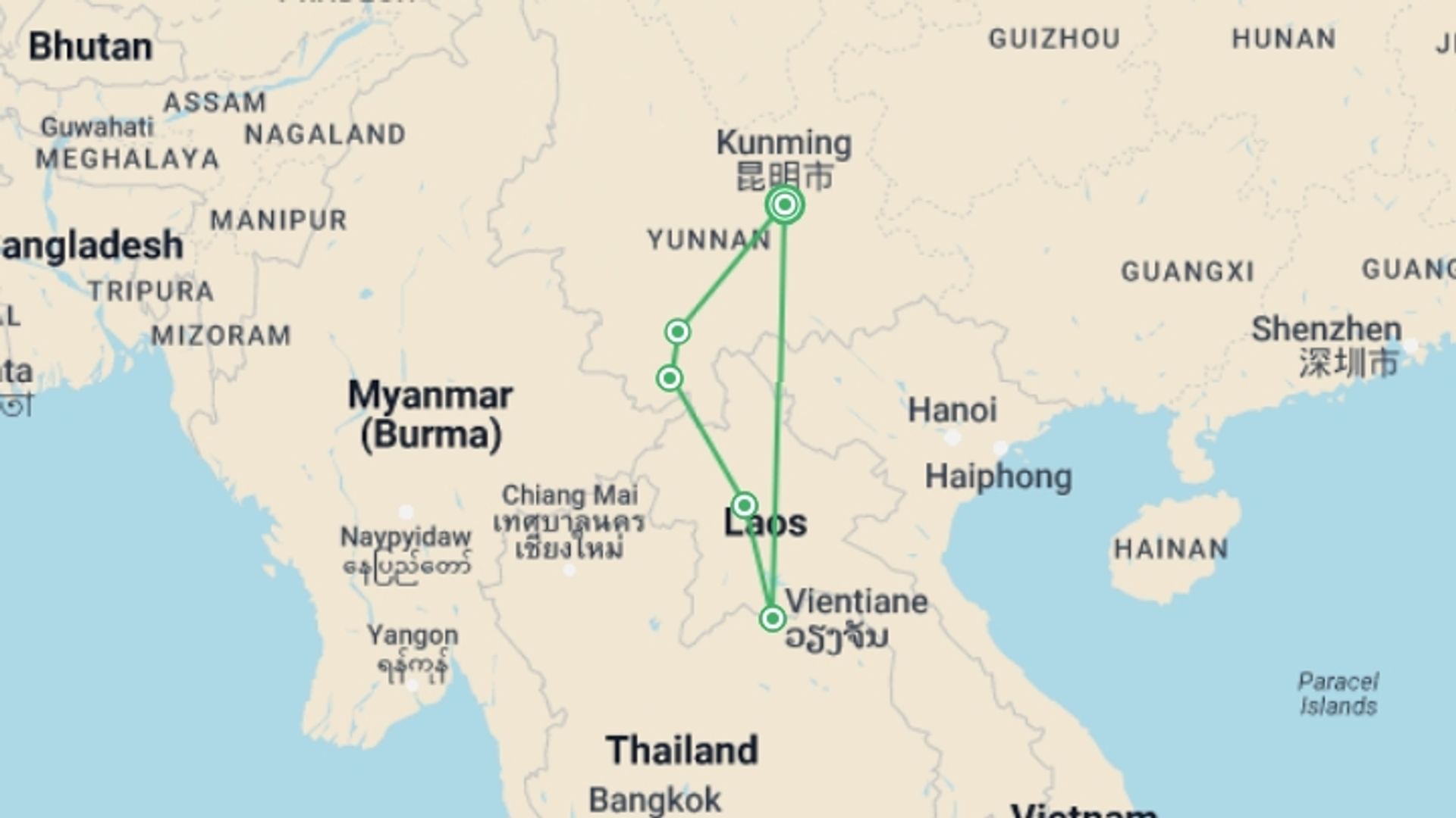 A map showing the tour itinerary for the trip: Follow The Footsteps Of Tea And Horse: Kunming To Laos Natural Discovery Tour, starting in Kunming, China and ending in Kunming, China going through 4 other destinations.