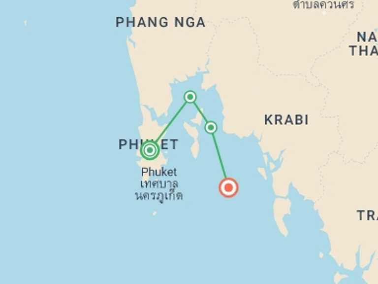 Map itinerary of Thailand Tour in November 2026 with 5 destination visits for the trip: Sail Phuket to Ko Phi Phi