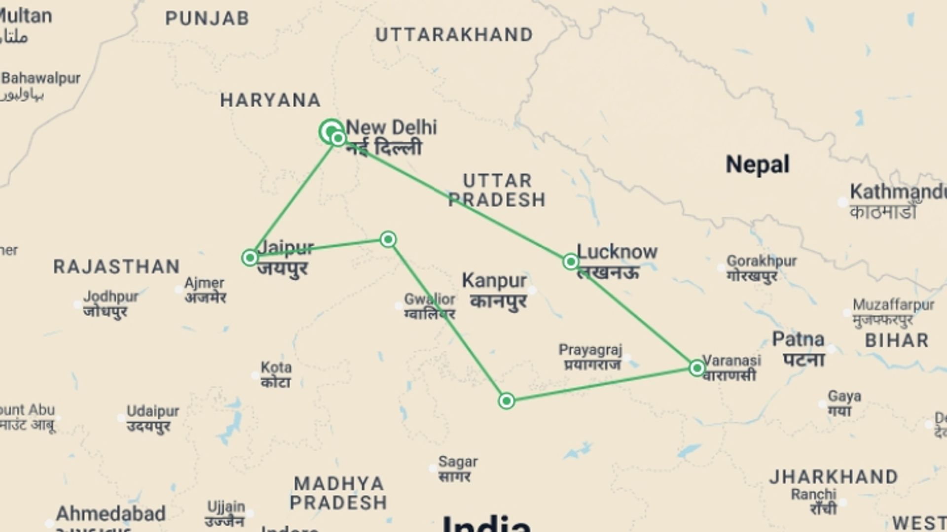 A map showing the tour itinerary for the trip: Premium India Small Group Tour, starting in Delhi & Golden Triangle, India and ending in Delhi & Golden Triangle, India going through 6 other destinations.