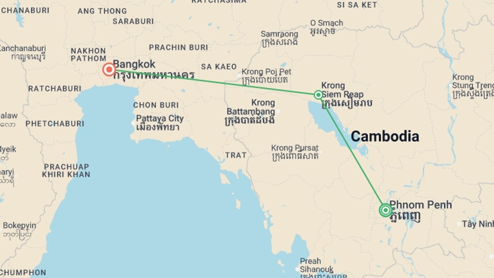 A map showing the tour itinerary for the trip: Classic Cambodia & Bangkok - 8 days, starting in Phnom Penh, Cambodia and ending in Bangkok, Thailand going through 1 other destinations.