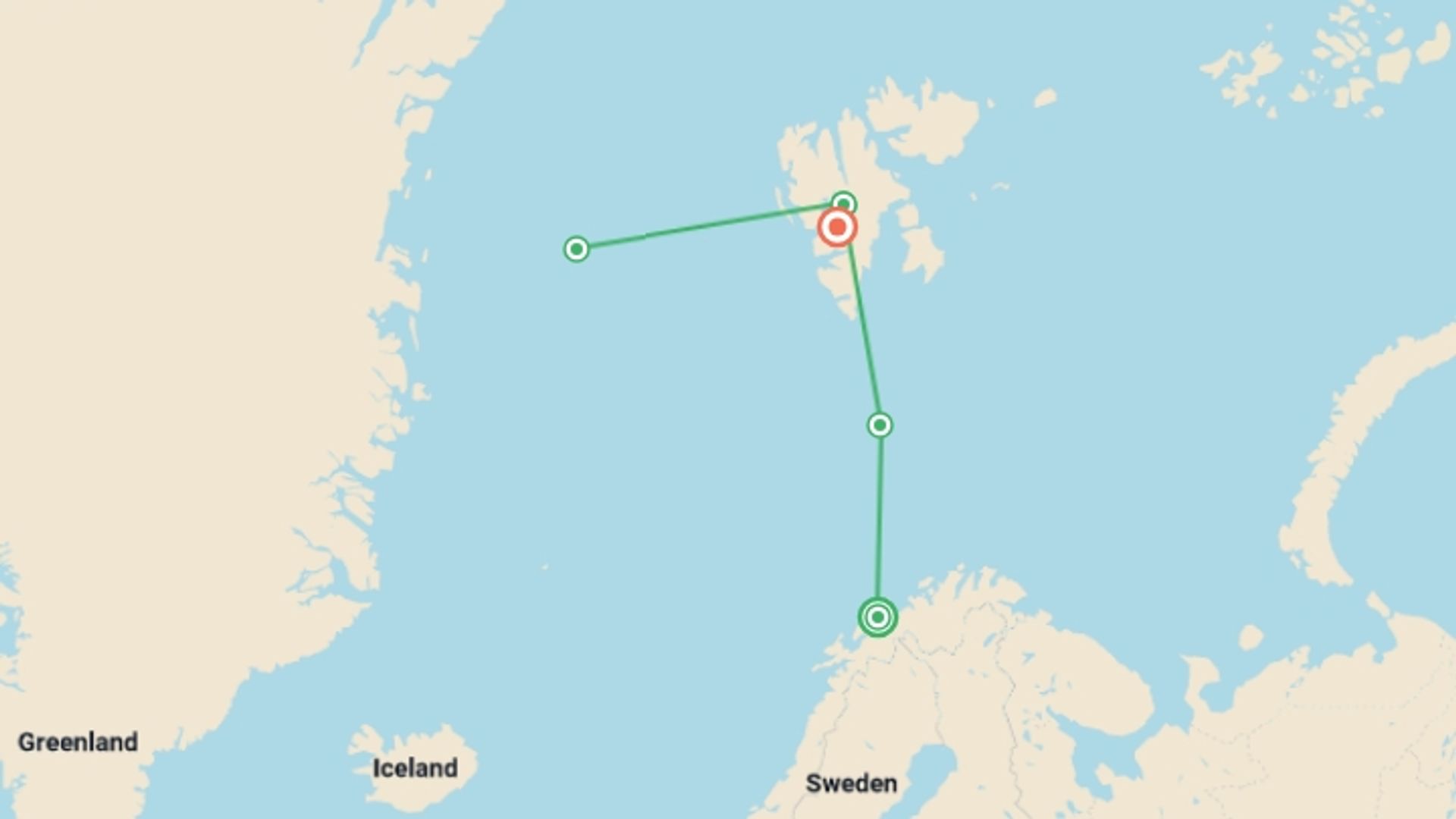A map showing the tour itinerary for the trip: Beyond the Arctic Circle: Tromsø to Svalbard, starting in Tromsø, Norway and ending in Longyearbyen, Norway going through 3 other destinations.