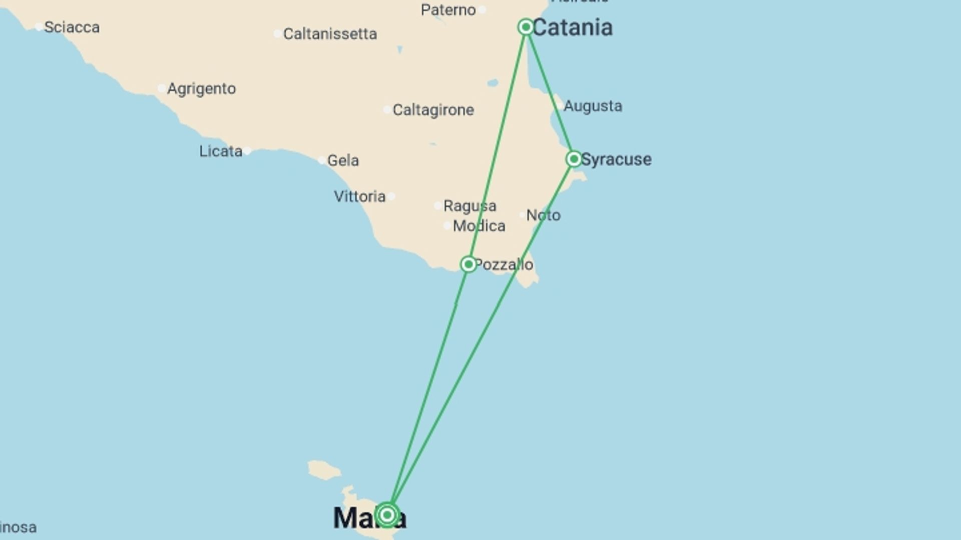 A map showing the tour itinerary for the trip: The Best of the Mediterranean (port-to-port cruise):, starting in Valletta, Malta and ending in Valletta, Malta going through 3 other destinations.