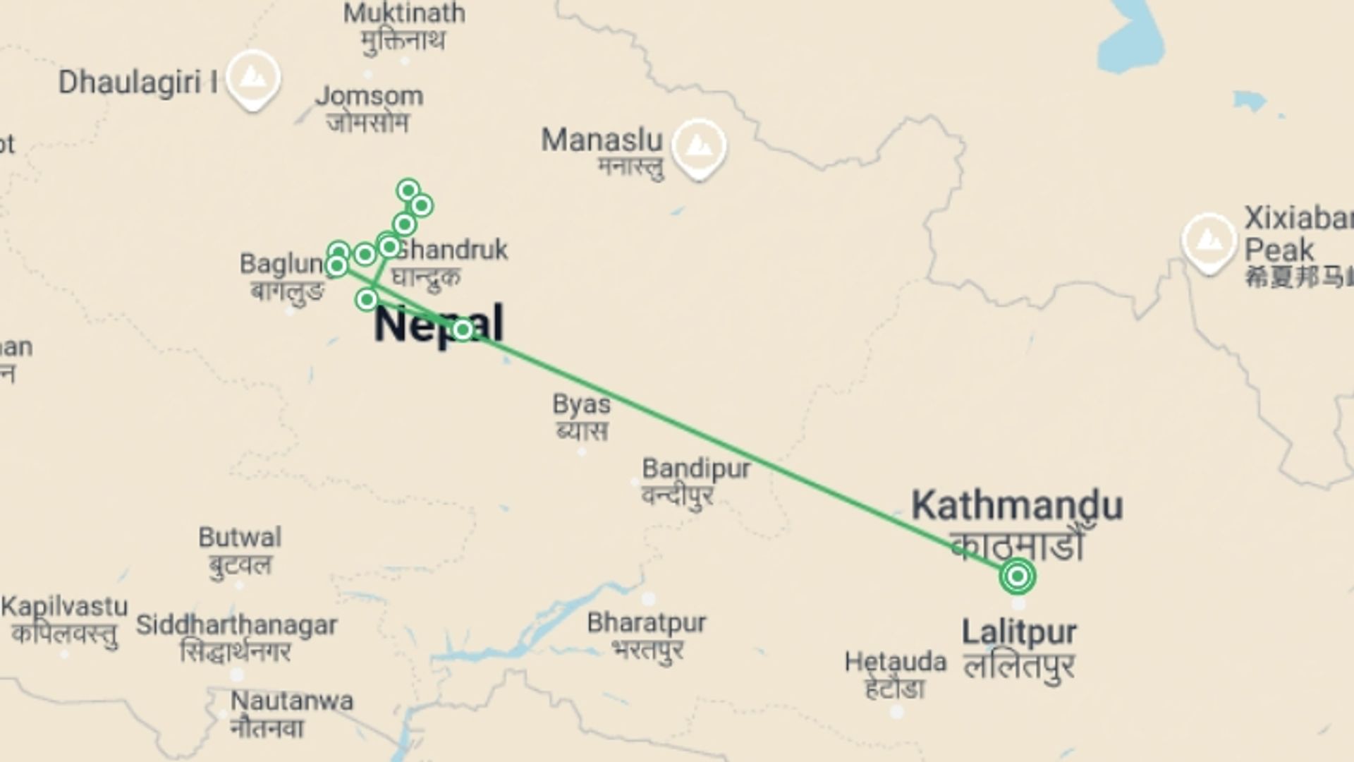 A map showing the tour itinerary for the trip: Annapurna Sanctuary Trek: 14 Days, starting in Kathmandu, Nepal and ending in Kathmandu, Nepal going through 10 other destinations.