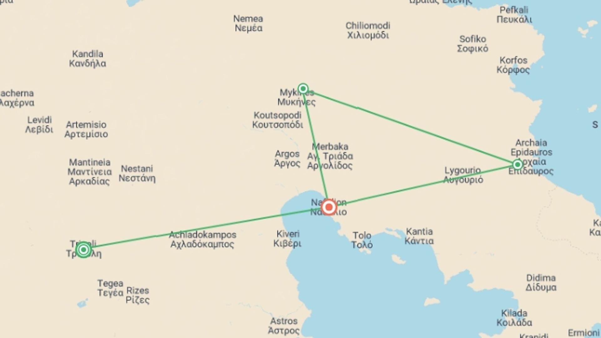 A map showing the tour itinerary for the trip: Cycling in the Peloponnese, starting in Peloponnese, Greece and ending in Nafplio, Nafplio going through 4 other destinations.