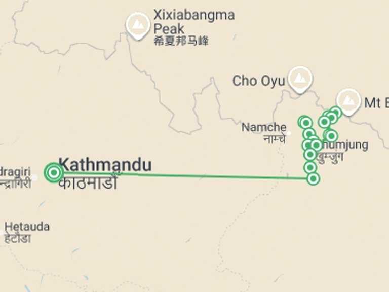 Map of a Trekking and Hiking Tour with 14 destination visits for the trip: Everest Base Camp & Gokyo Lakes Trek