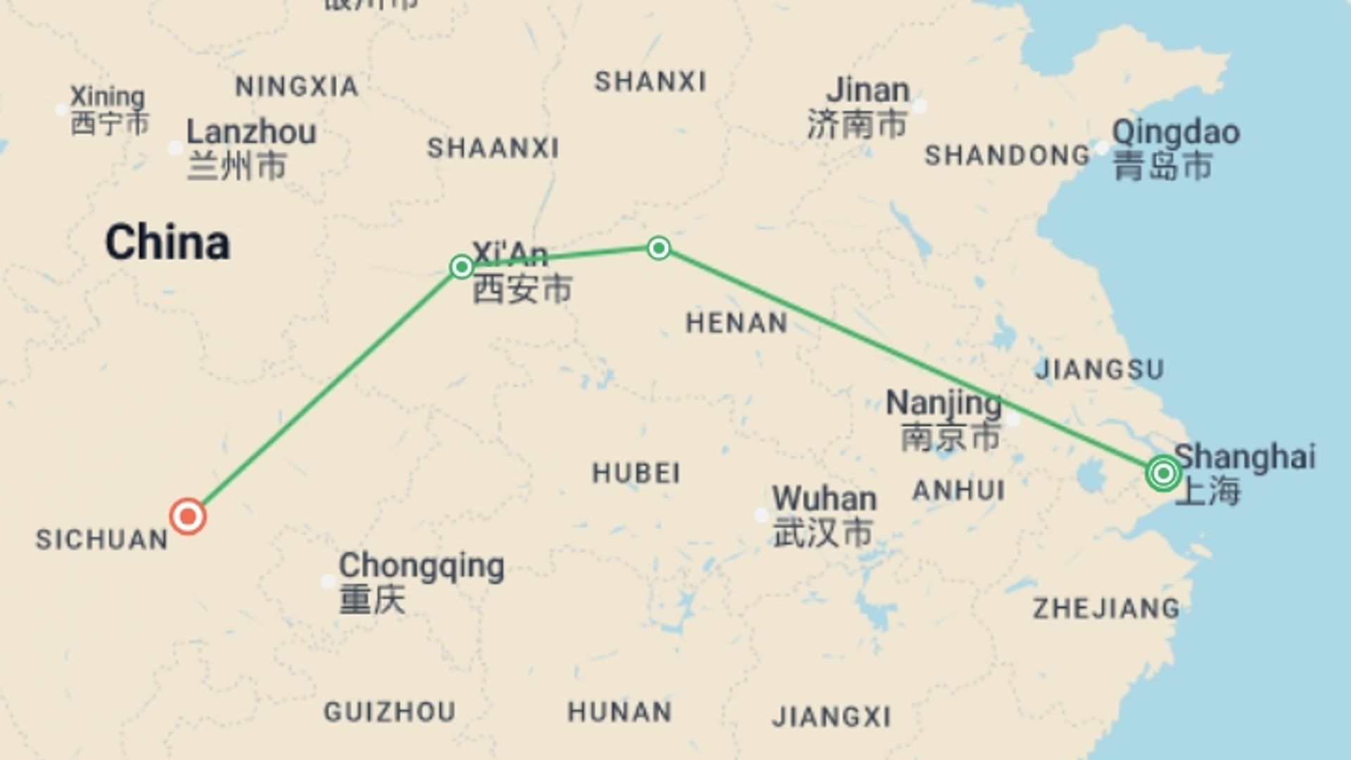 A map showing the tour itinerary for the trip: Classical China and Chengdu, starting in Shanghai, China and ending in Chengdu, China going through 2 other destinations.