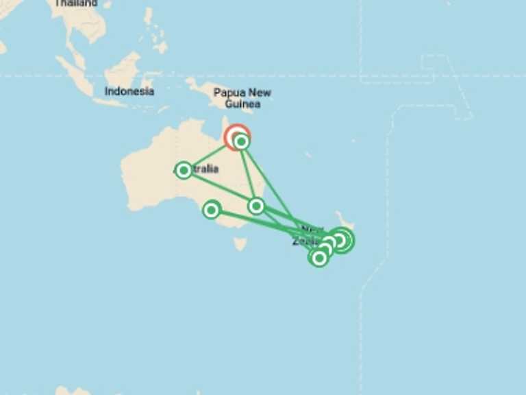 Map of a Adventure and sport Tour with 2 destination visits for the trip: Australia and New Zealand Uncovered 