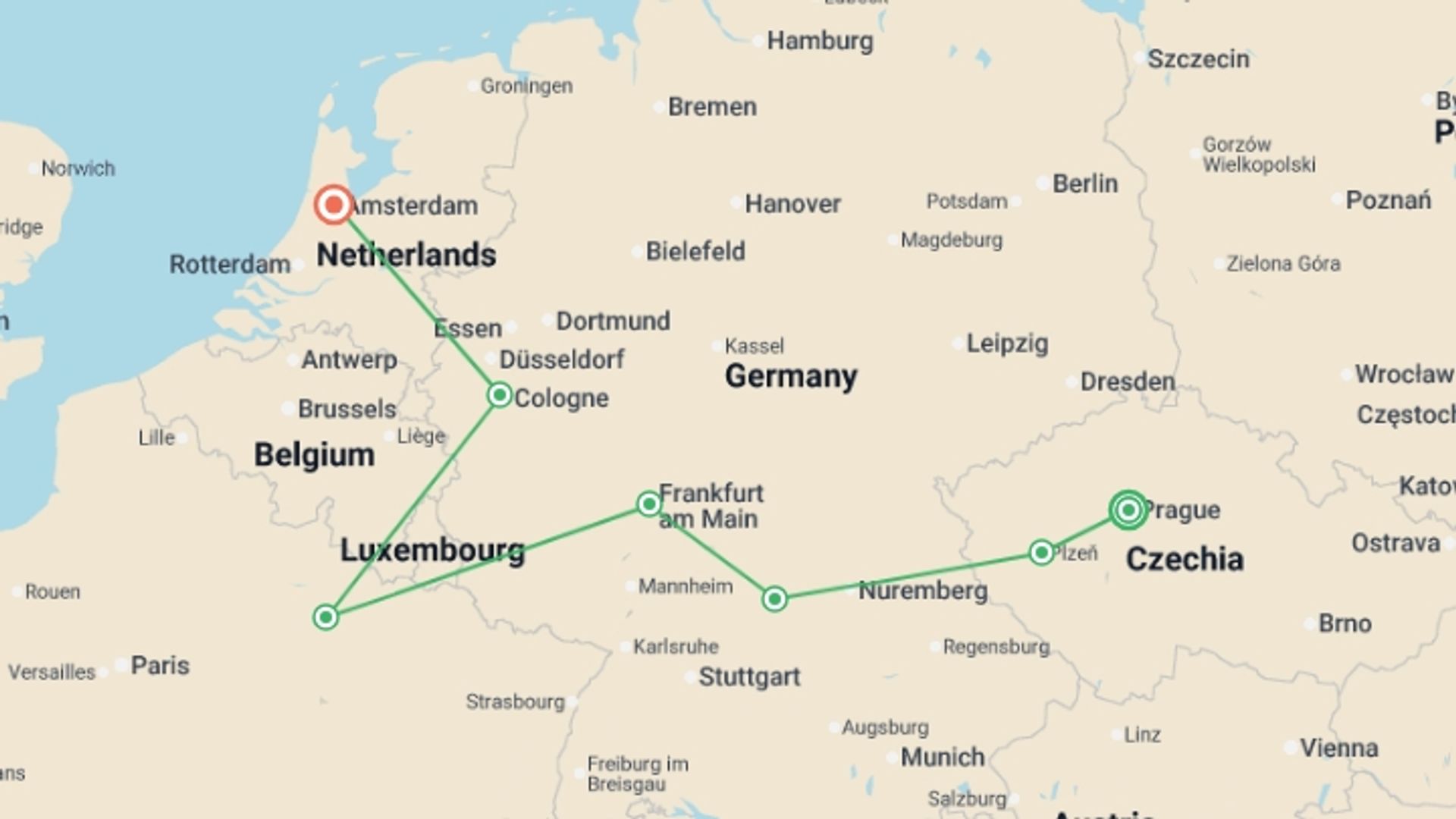A map showing the tour itinerary for the trip: Beloved Europe, starting in Prague, Czech Republic and ending in Amsterdam, Holland going through 1 other destinations.