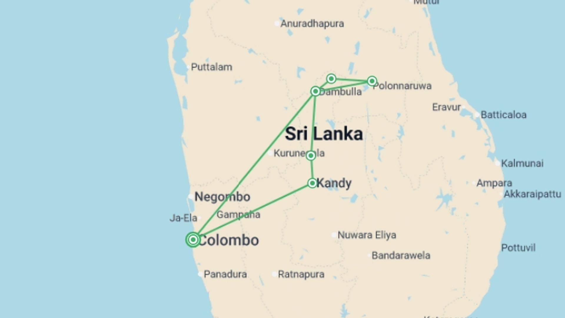 A map showing the tour itinerary for the trip: Sacred Sri Lanka, Private Tour, starting in Colombo, Sri Lanka and ending in Colombo, Sri Lanka going through 2 other destinations.