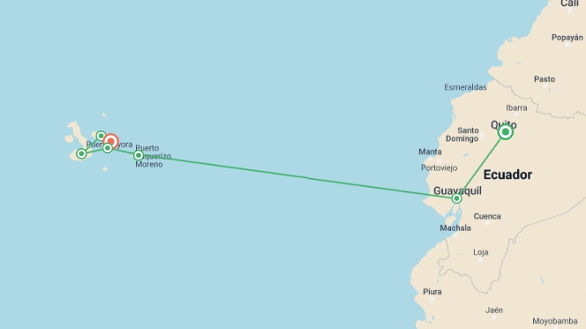 A map showing the tour itinerary for the trip: Galapagos Affordable 8 Days Tour, starting in Quito, Ecuador and ending in Baltra Island, Ecuador going through 6 other destinations.
