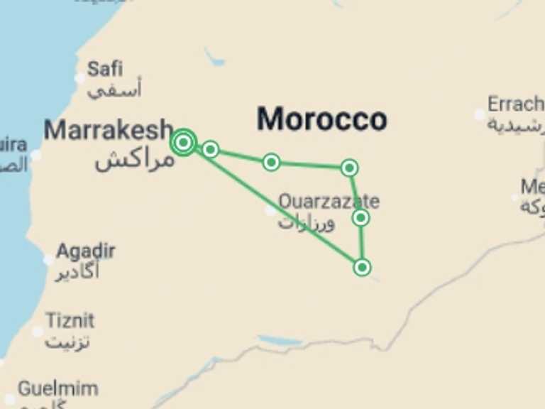 Map itinerary of Zagora Tour in November 2026 with 7 destination visits for the trip: Morocco Gravel Bike Caravan