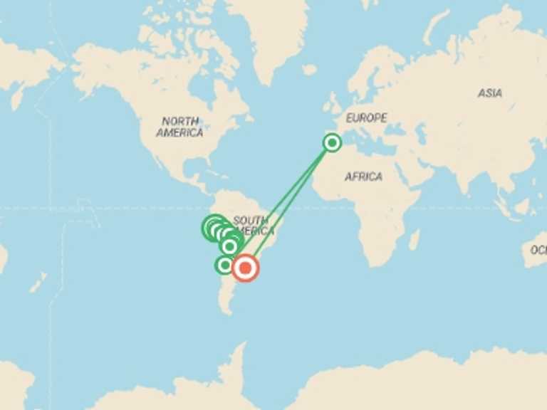 Map itinerary of Santiago Tour in September 2026 with 22 destination visits for the trip: Lima to Buenos Aires (via Chile) Travel Pass