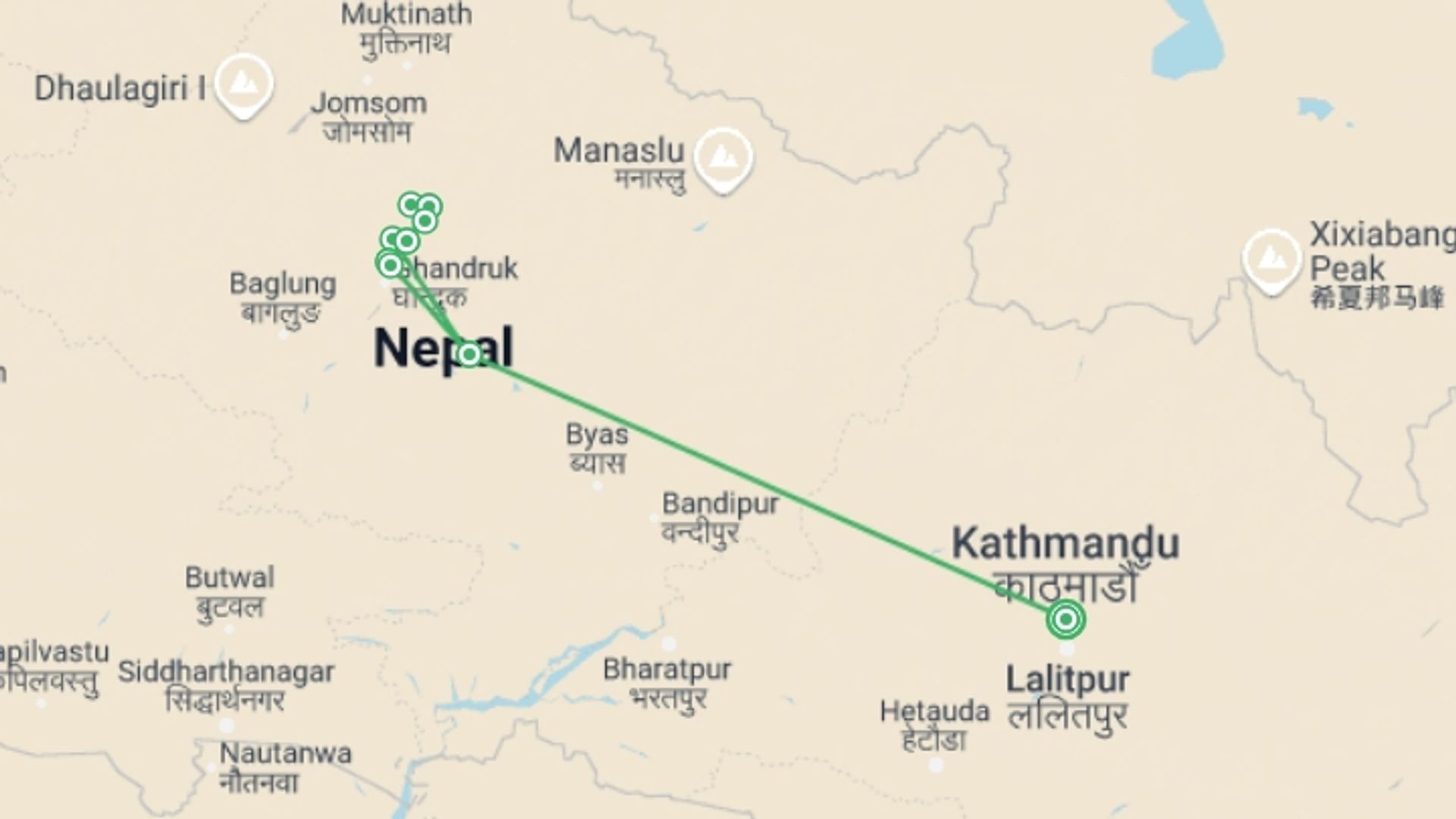 A map showing the tour itinerary for the trip: Annapurna Sanctuary Trek, starting in Kathmandu, Nepal and ending in Kathmandu, Nepal going through 8 other destinations.
